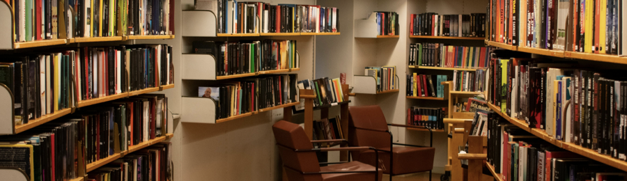 Book shelves and chairs in library