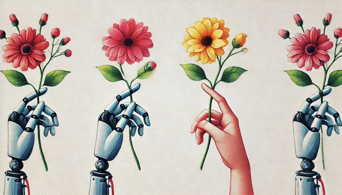 robot hands and one human hand holding flowers