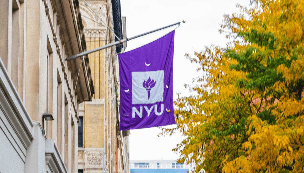 NYU flag hanging outside